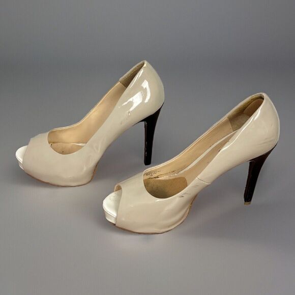 Guess Shoes Stiletto Dress High Heels Peep Toe Patches Nude Black Women 7.5 Twee - Picture 4 of 7